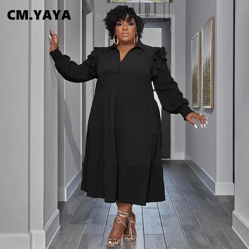 CM.YAYA Plus Size Vintage Women Long Sleeve Turn-down