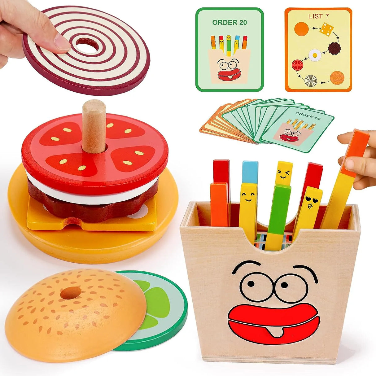 Montessori Toy For Kids,Wooden Hamburger Sandwich French Fries