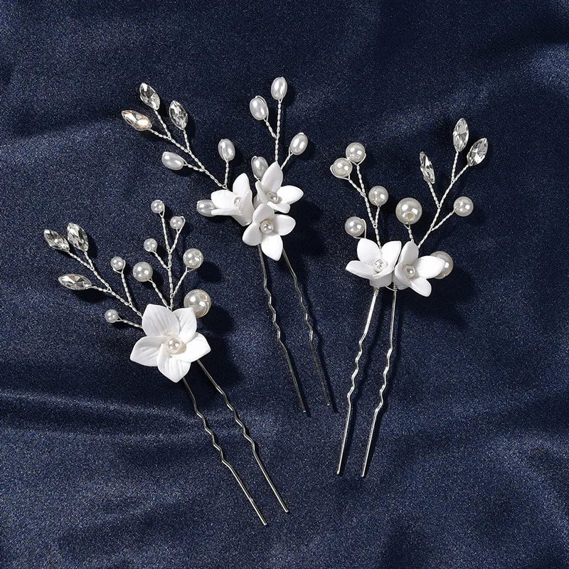 3pcs White Flower U Shaped Hairpin Pearl Elegant