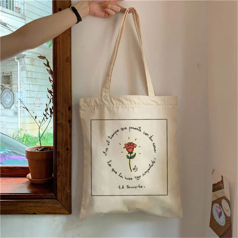 Fashion Trend Cartoon Print Canvas Tote Bag Korea Shopping Bag Ladies Daily Versatile Shoulder Bag Little Prince Pattern Handbag