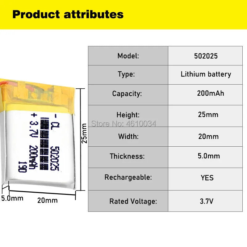 Chinese 502025 3.7v lithium ion battery 200 mah