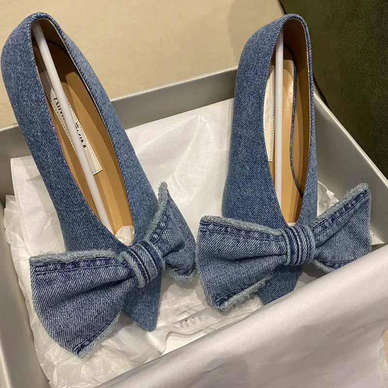 2023 New Designer Blue jeans bow flat shoes