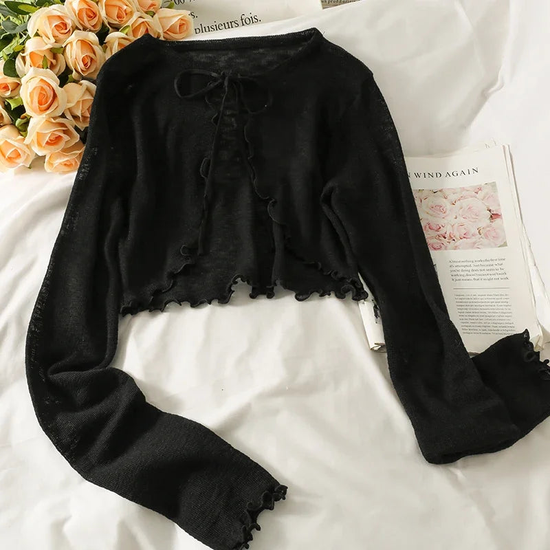 Women Frenum Cardigan Blouses and Tops Bow Lace