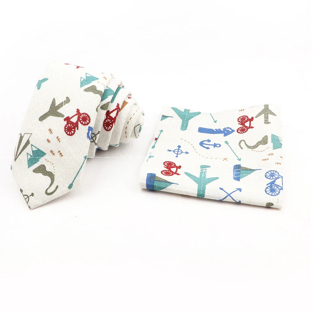 Men Linen Plant Ainmal Ties Set Pocket Handkerchief