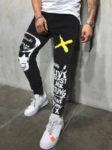 Men's Print Ripped Stretch Denim Black Skinny Jeans