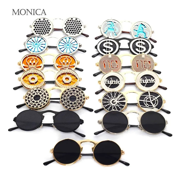 Metallic Retro Punk Steam Flap Vintage Sunglasses Personality