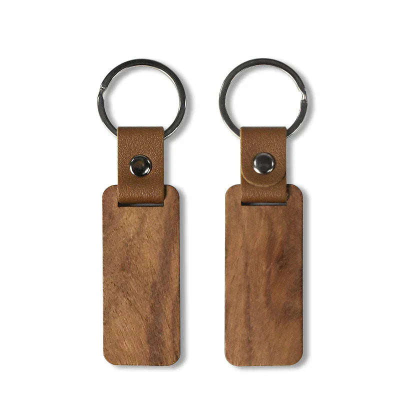 50Pcs Rectangular Wood Keychains Blank PU Leather Keyrings