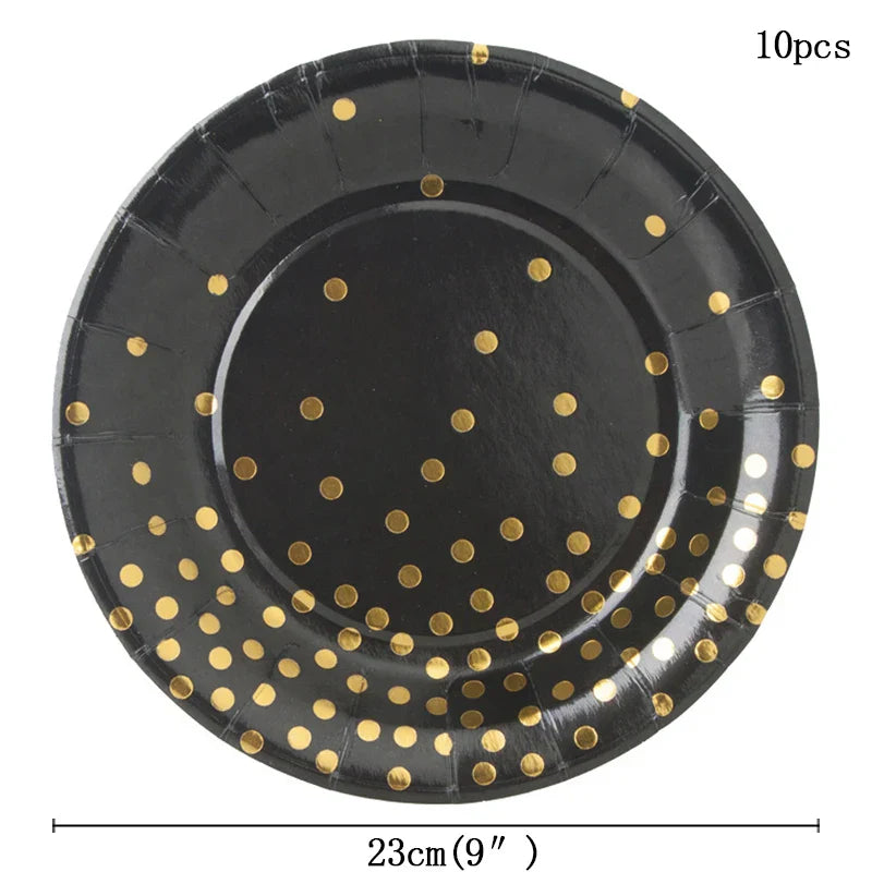 Black and Gold Party Supplies Polka Dot Plate