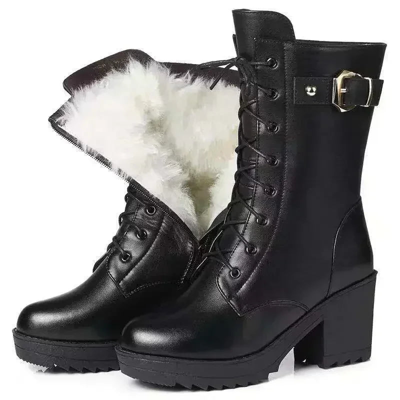 2023 Winter Leather Women Winter Boots Thick Wool