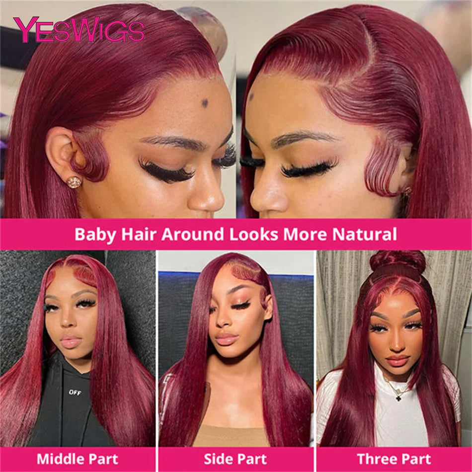 Burgundy 99J Red Colored Bone Straight Lace Front