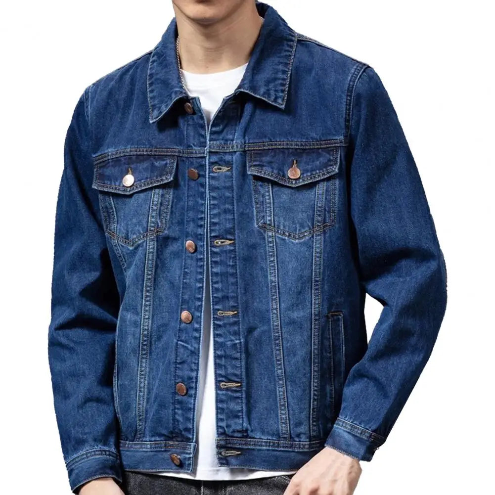 Men Denim Jacket Long Sleeves Multi Pockets Lapel