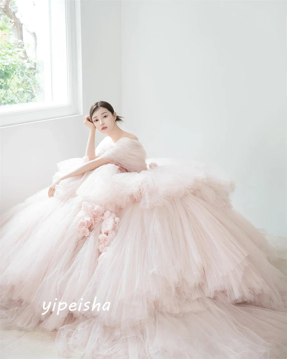 Yipeisha Intricate Exquisite Strapless Ball Gown Flower Draped