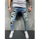 Men Jeans Knee Hole Ripped Stretch Skinny Denim