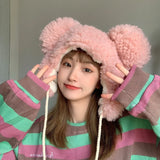 New Big-ear Bear Cashmere Bomber Hats Women Fluffy