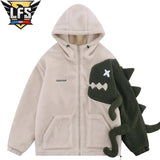 Men Hooded Fleece Lambswool Parkas Jacket Vintage Dinosaur