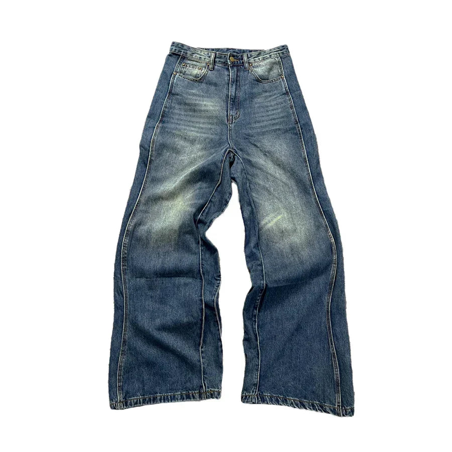 REDDACHIC Wave Patchwork Baggy Jeans Men Brushed Blue