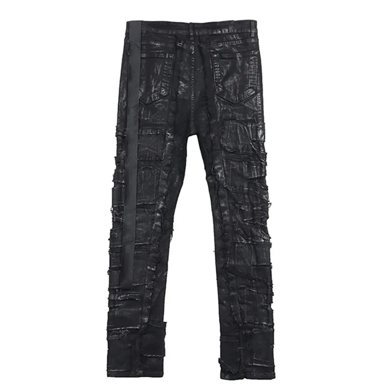 Dark Coating Wax Brushing Erosion Hole Jeans Men