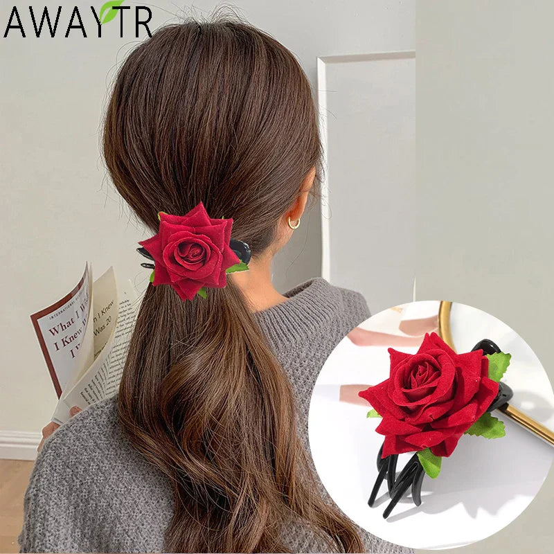 AWAYTR Flower Red Rose Claw Clip Girl Women