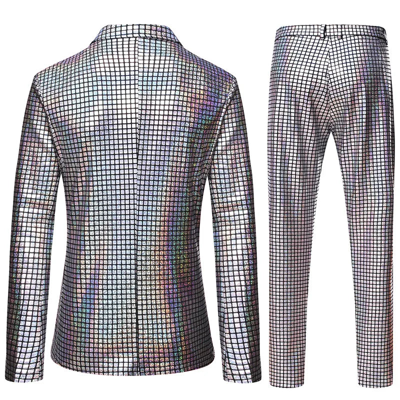 Mens Stage Prom Suits Shiny Rainbow Plaid Sequin