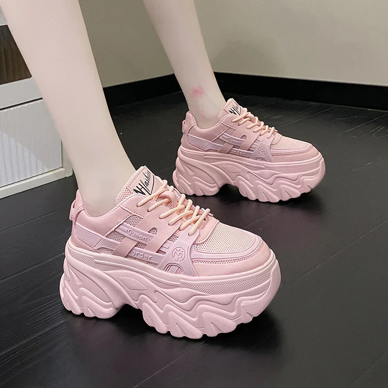 White Chunky Sneakers Women New 2022 Autumn Hidden Heel Platform Sports Dad Shoes Woman Lace Up Breathable Mesh Casual Shoes 8CM