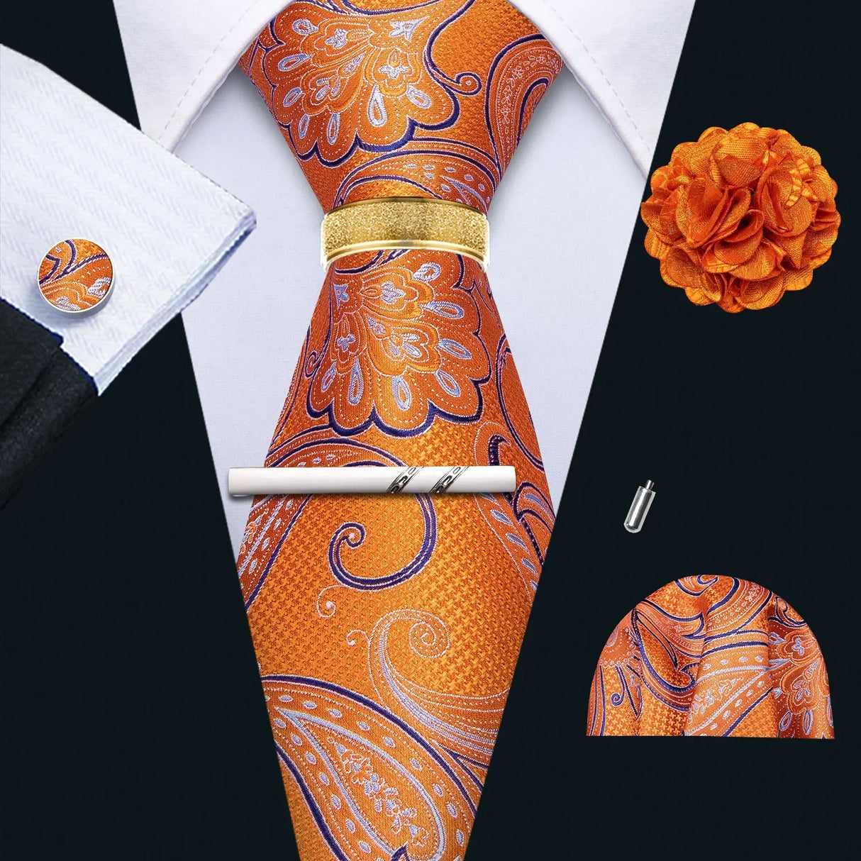 Barry.Wang Silk Mens Tie Hanky Cufflinks Clip Brooch