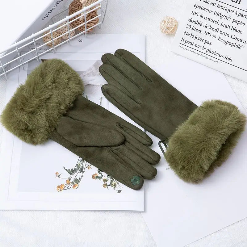 Female Faux Rabit Fur Suede Leather Touch Screen