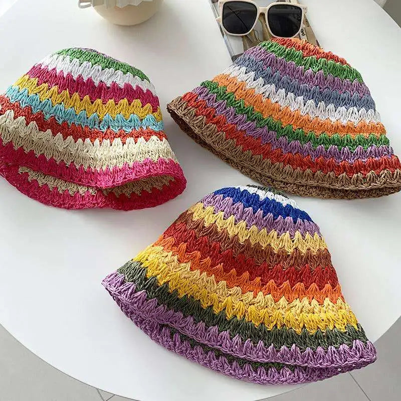 Spring Summer New Rainbow Woven Straw Hat Bucket