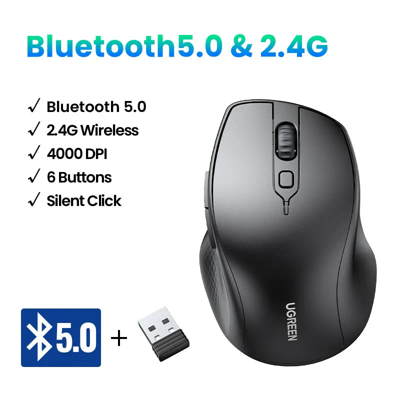 UGREEN Wireless Mouse Bluetooth5.0 Mouse Ergonomic 4000DPI 6