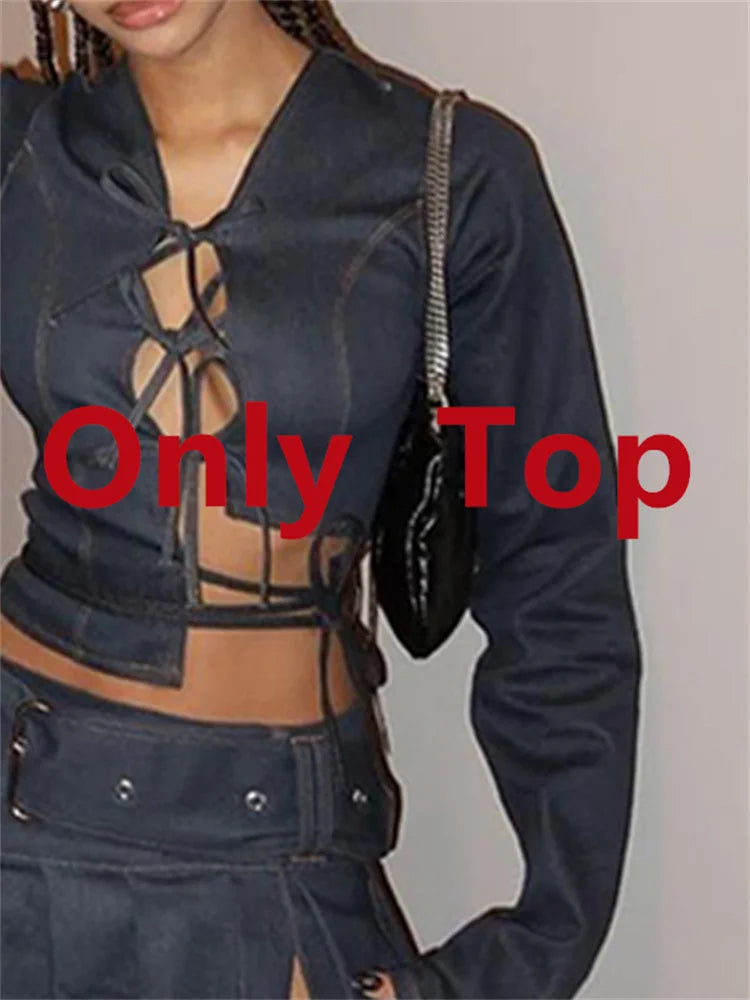 Tawnie Skirt Sets Denim Suit Sexy Crop Top
