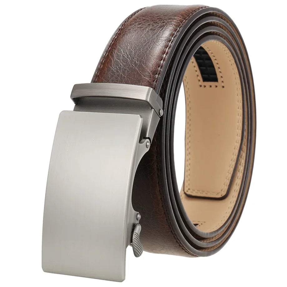 Plyesxale Brown Leather Belt Men 2024 Automatic Buckle