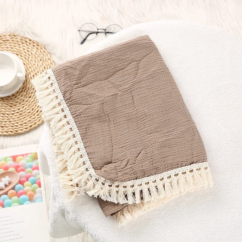 Custom Name Muslin Swaddle Fringe Cotton Baby Blanket