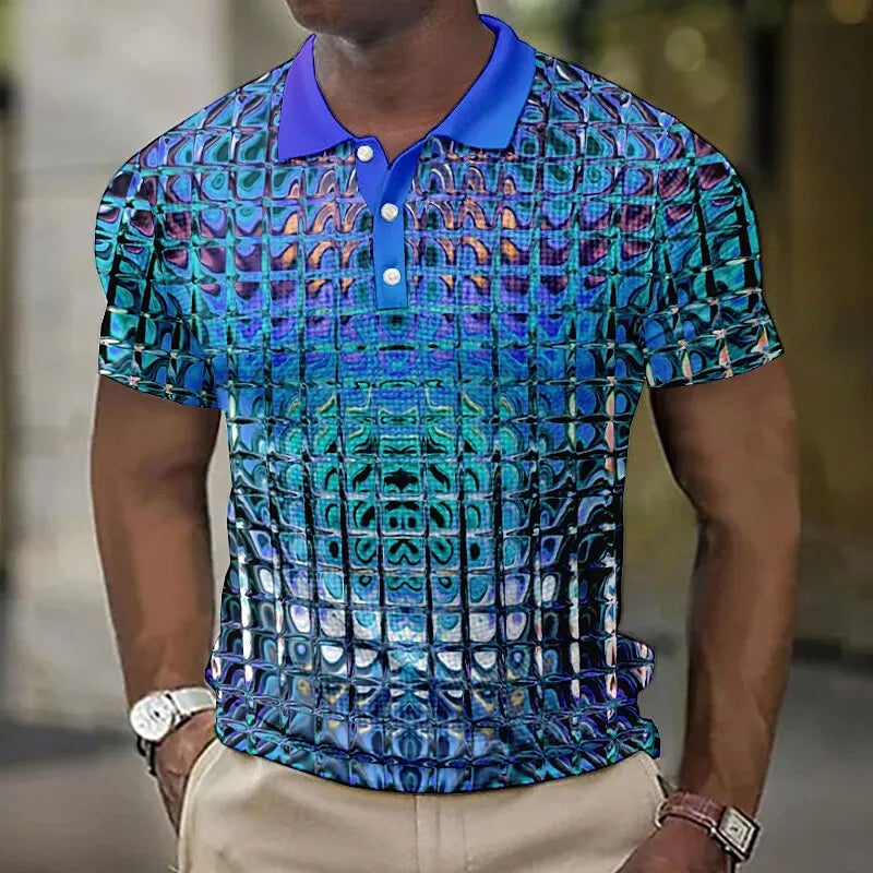 Fashion Men'S Polo Shirts 3d Simulation Metal Plaid