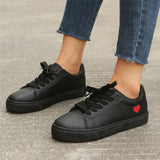 Ladies Leather Board Shoes Black Heart Print Basic Vulcanized Shoes Solid Color Lightweight Plus Size Womens Casual Sneakers