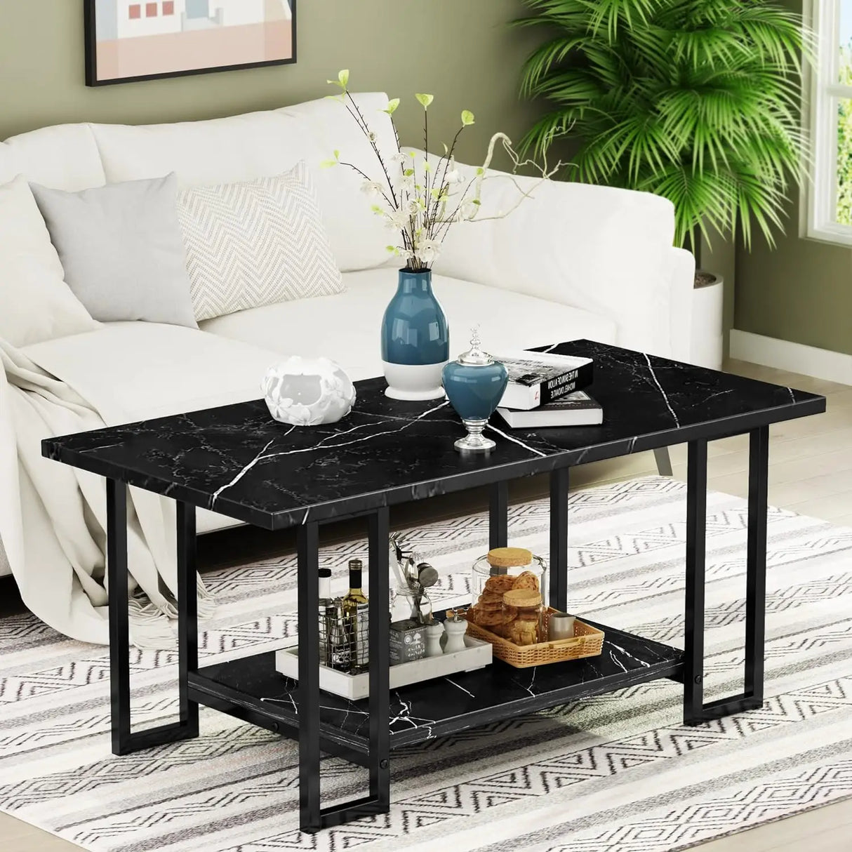 Marble Coffee Table, Faux Marble Top Rectangular Coffee