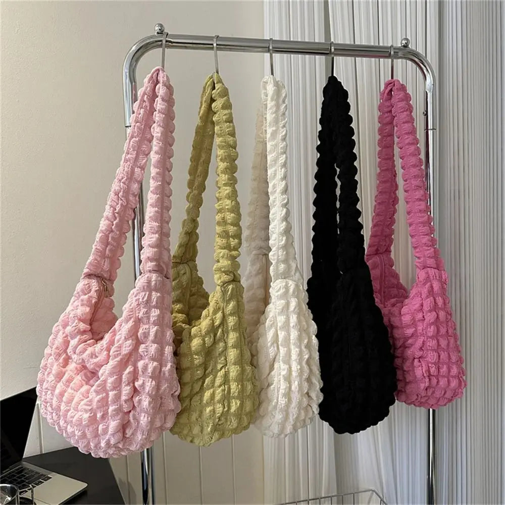 Plaid Quilted Shoulder Bag Cute Pleated Bubbles Solid