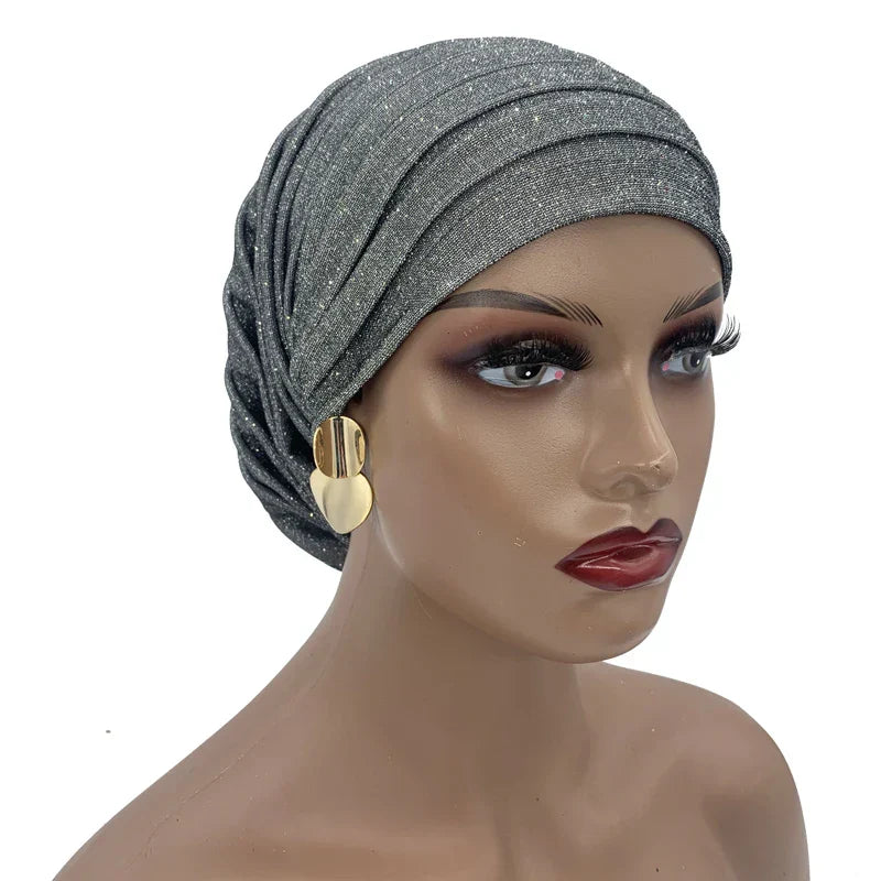 Glitter Pleated African Turban Cap Womens Head Wraps