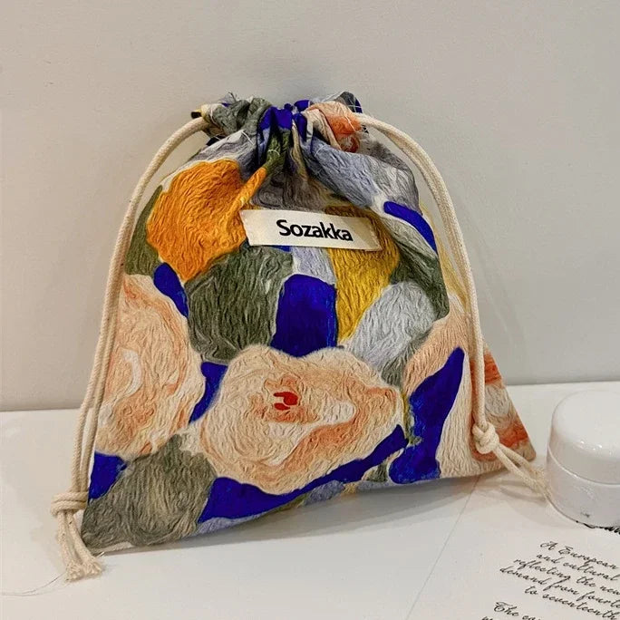 Cotton Fabric Floral Small Drawstring Bags Lipstick Toiletry Makeup Organizer Coin Pocket Bags Purse Keys Earphone Storage Bag