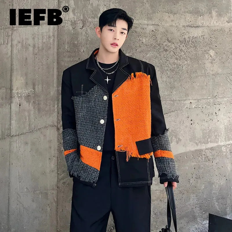 IEFB Trend Fashion Coat Personality Men Woolen Contrast