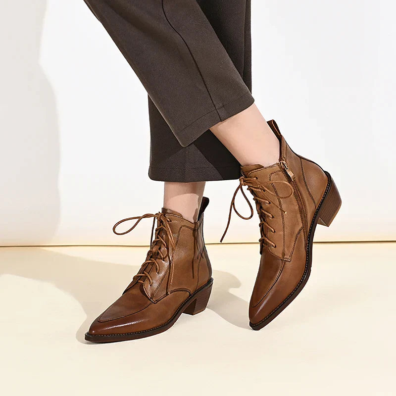 Genuine Leather Retro Mature Women Ankle Boots Pointed