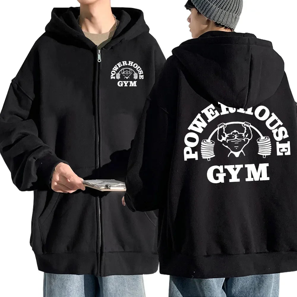 Powerhouse Gym Logo Zip Up Hoodie Harajuku Men's