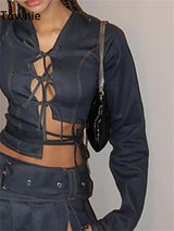 Tawnie Skirt Sets Denim Suit Sexy Crop Top