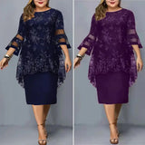 Lady Party Dress Lace Patchwork Flare Sleeves Midi