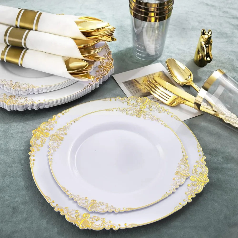 350PCS Gold Disposable Dinnerware Set for 50 Guests,