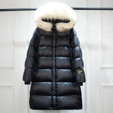 Janveny Large Real Raccoon Fur Hooded Shiny Waterproof