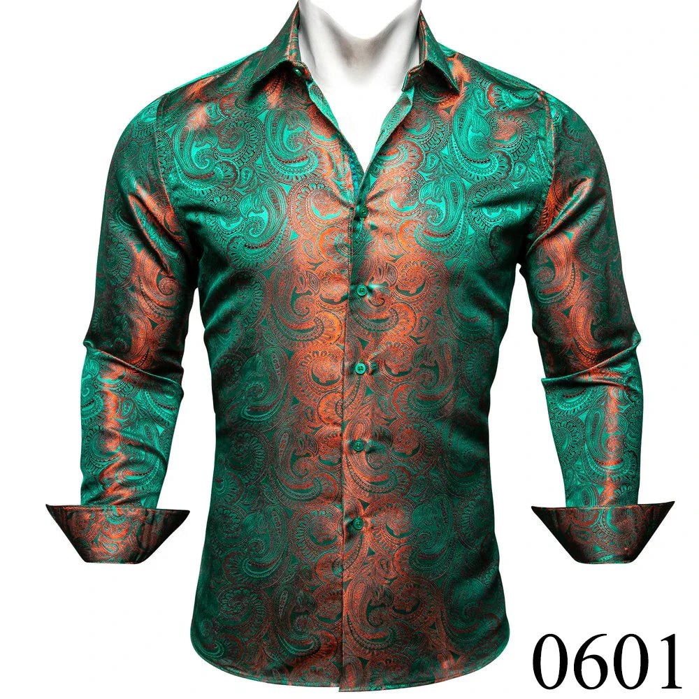 Luxury Silk Shirts for Men Green Paisley Long