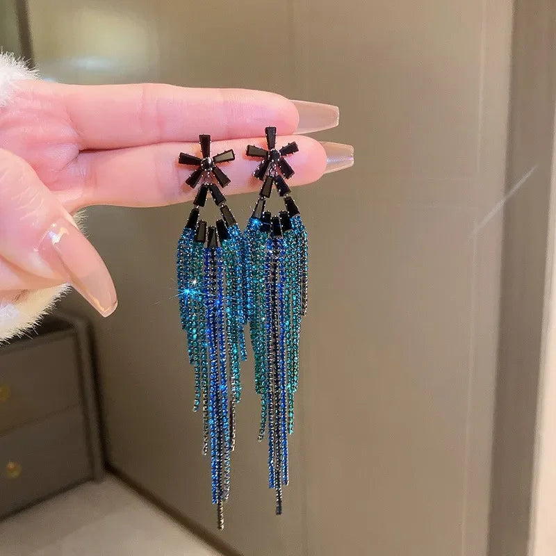 Exaggerated Blue Rhinestone Crystal Geometric Flower Long Tassel