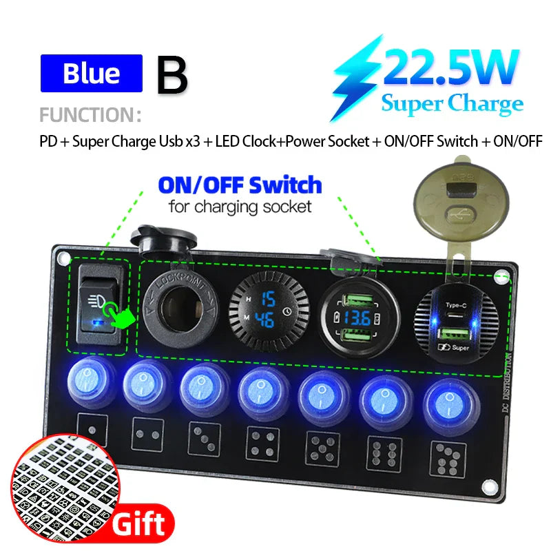 12V 7 Gang ONOff Rocker Toggle Switch Panel