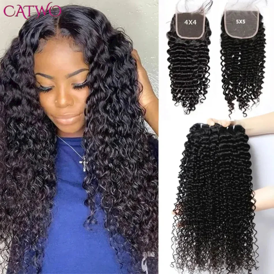 Curly Wave Hair Bundles With Lace Closure 5x5