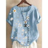 Plus Size DaisyPrint Cotton Linen Shirt Casual Summer