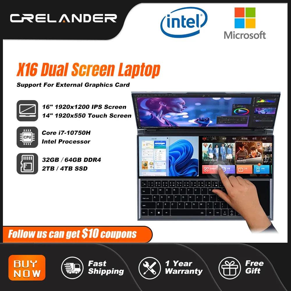 CRELANDER Dual Screen Gaming Laptops 16 Inch LCD